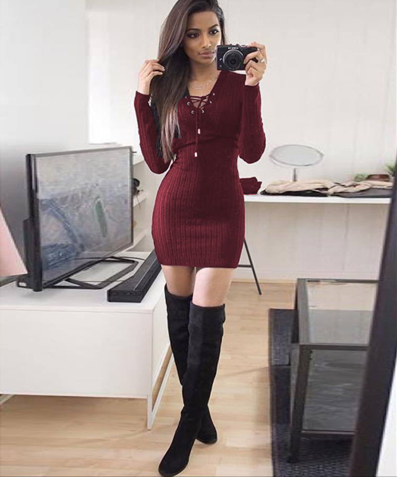 W25038-2 Womens Knitwear Bodycon Cocktail Evening Party Sweater Mini Dress